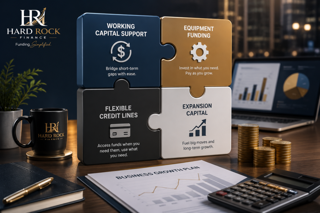 Hyper-realistic 3D business financing illustration featuring working capital, equipment funding, flexible credit lines, and expansion capital with Hard Rock Finance branding.
