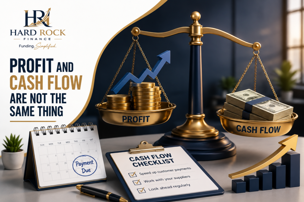 3D illustration comparing profit and cash flow with a financial balance scale, business growth chart, and Hard Rock Finance branding, explaining business cash flow management.