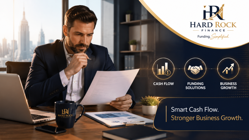 Business owner reviewing financial documents while planning cash flow and business funding solutions with Hard Rock Finance branding, representing business growth and financial planning.