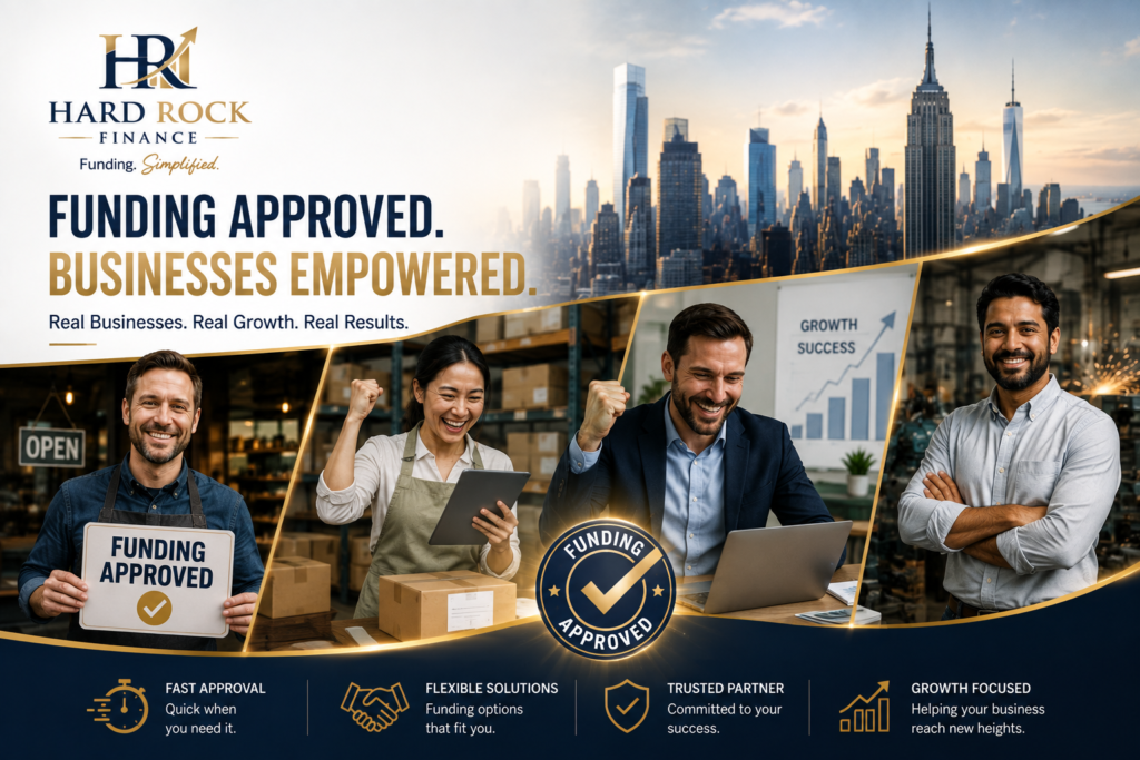 Business owners celebrating funding approval with Hard Rock Financial Group to support business growth, expansion, and working capital in New York.